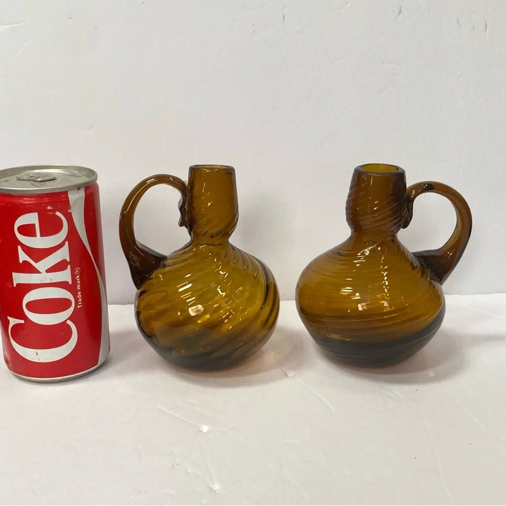 Set of 2 Vintage Root Beer Amber Swirled Glass Vase w/ applied handle